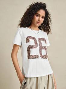 INAWLY Kaos Wanita Motif Leopard dengan Angka di Bagian Leher Bulat - Putih - View 3