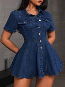 SHEIN SXY 大码女式短袖单扣休闲牛仔连衣裙 - 深色水洗藍 - 查看 4
