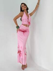 Aloruh Conjunto feminino de 2 peças, blusa curta com amarração frontal e saia estilo sereia, estampa floral, blusas fofas para o verão - Rosa - Ver 4