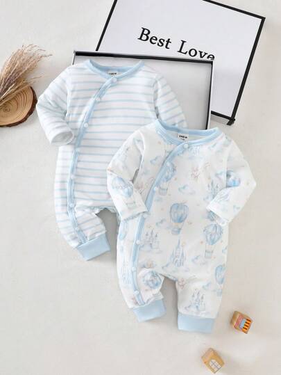 SHEIN 2 Pieces Set Newborn Baby Boy Clothes Blue And White Stripe Autumn Cute Family Matching Cartoon Print Long Sleeve Jumpsuit For Fall Winter Gifting