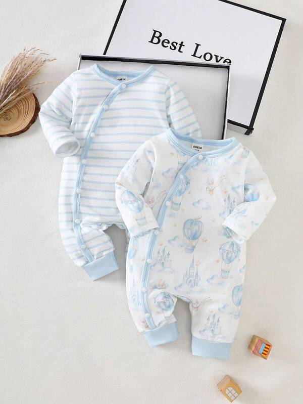 SHEIN 两件套卡通印花长袖连体衣，适合新生儿和男孩，面料舒适简约，适合居家送礼