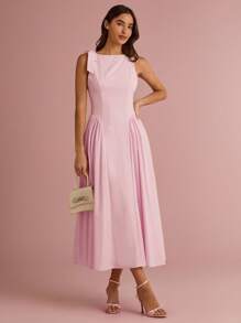 Enchnt Summer/Fall Romantic Women's Pastel Pink Bowknot Shoulder Sleeveless Pleated Long Dress - Pink - View 3
