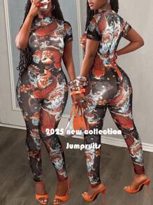 Slaydiva 2025新款夏季休闲街头性感Y2K辣妹朋克风小立领短袖紧身裤金鱼纹波浪巴洛克风印花网眼女款紧身裤连体裤-B