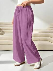 SHEIN EZwear 女士加大码宽松梭织休闲长裤，紫丁香色 - 紫丁香色 - 查看 5