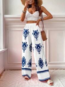 Travachic Quần dài in họa tiết hình học cổ điển màu xanh dành cho nữ, thích hợp cho kỳ nghỉ hè, bãi biển, đảo, phong cách cổ điển, phong cách kỳ nghỉ thường ngày, gợi cảm, dễ thương, Y2K Coconutgirl, kỳ nghỉ Boho, phong cách Hippie, lễ hội âm nhạc - Nhiều màu - Xem 5