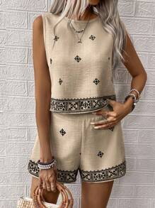 SHEIN LUNE 2pcs/Set Women Vacation Floral Print Sleeveless Shirt And Shorts Casual Set