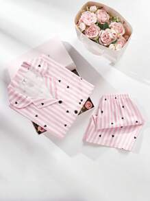 2 件套青少年女孩黑色爱心和粉白条纹短袖上衣和短裤休闲舒适睡衣套装睡衣短裤套装返校时尚