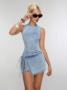 Jeanoix 圆领弹力带修身洗水牛仔连身连衣裙 - 淺色水洗藍 - 查看 6