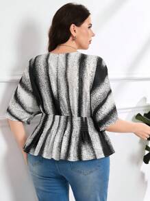 Modelyn Plus Size Women Striped Batwing Sleeve Shirred Waist Ruffle Hem Fashion Blouse - Multicolor - View 2