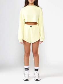 SUMWON Soft Summer Long Sleeve Active Top And High Waisted Plush Shorts Drawstring Waistband Running Festival Casual Hot Pants