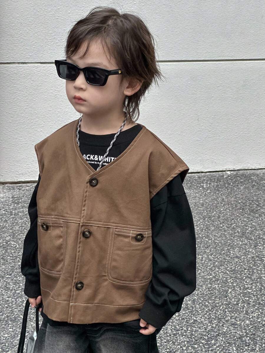 Dazy Kids 秋季幼儿男童无袖宽松休闲背心夹克 - 棕色 - 查看 1