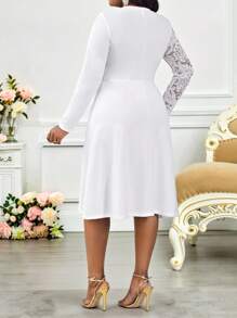 SHEIN Lady 2025 New Clothing Plus Size Women's Elegant Party Solid Color Lace Patchwork Midi Dress Easter Dress Women Graduation Dress Wedding Guest Dress Women Vacation Boho Cruise Outfits Women,Formal Dresses For Women Fall Women Clothes Back To School White Lace Dress Plus Size White Dress White Dress For Wedding Elegant White Dress Long Sleeve White Dress