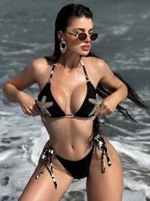 Swim SXY Conjunto de bikini sexy con Top halter y espalda descubierta, con estampado de estrella de mar, para vacaciones en la playa - Negro - Ver 3