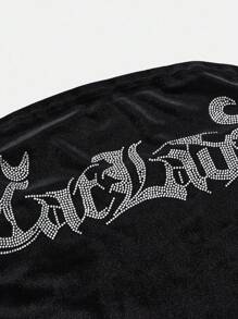 ROMWE J-Fashion Conjunto de 2 peças Y2K com letras de gato sexy e strass, decoração de veludo, top tipo bandeau e shorts de veludo com cordão na cintura, para mulheres - Preto - Ver 3