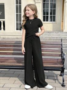 SHEIN Comfortable Polyester Plain Black Co-Ords With Regular Sleeves And Relaxed Fit For Tween Girls Tween Girl Wide Leg Pants Girls Wide Leg Pants Set Girls Black Wide Leg Pants Tween Girl Wide Leg Pants Outfit Tween Girls Summer Outfit Girls Wide Leg Pants Outfit Teen Girl Wide Leg Pants Outfit Tween Girls Wide Leg Pants Set Teen Girls Wide Leg Pants Outfit Girls Black Wide Leg Pants Set - Black - View 4