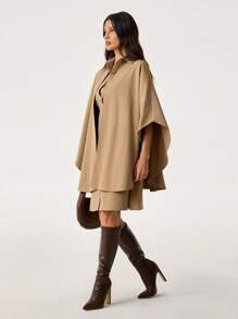 SHEIN Tall Abrigo tipo capa largo de mujer para otoño, de color liso, con mangas de murciélago, abotonado sencillo, casual y holgado, para mujeres altas - Caqui - Ver 6