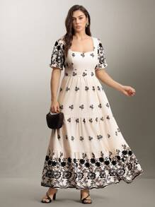 SHEIN LUNE Plus Size Women Floral Print Square Neck Maxi Elegant Dress, Spring/Summer - Apricot - View 5