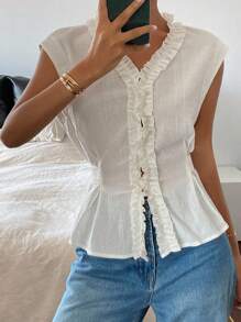 Livesso Women's Solid Color Ruched Flounce Waist Band V-Neck Casual Vacation Summer Top Blouse