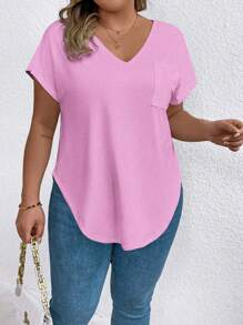 EMERY ROSE Plus Size Casual Versatile Minimalist Solid Color Curved Hem T-Shirt, Summer - Pink - View 1