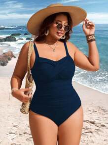Swim Lushoire Plus Size Women One-Piece Ribbed Simple Stylish Vacation Everyday Slimming Cross-Over Monokini Swimsuit For Summer