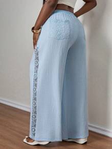 SHEIN PETITE CURVE Pantalon casual de grande taille, couleur unie, adapté pour l'été - Bleu ciel - Voir 2