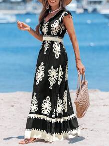 Sylviya 收縮荷葉邊設計短袖腰帶印花休閒度假裙，A字裙擺 - 彩色 - 查看 6