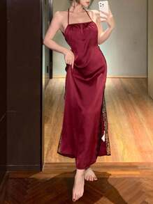 DAZY Đầm ngủ gợi cảm cổ yếm phối ren tương phản màu sắc, váy ngủ đỏ dành cho nữ, đồ lót cho phụ nữ. - Màu Đỏ Sâu - Xem 8