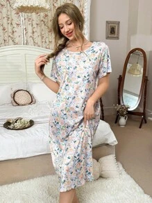 ثوب نوم بنمط نباتي متعدد الألوان ناعم، ذو رقبة دائرية وأكمام قصيرة، ثوب نوم مريح - متعدد الألوان - مشاهدة 6