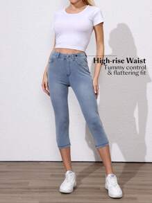 SHEIN Essnce Relaxed Fit Cropped Washed Denim Jeans - Blue - View 3