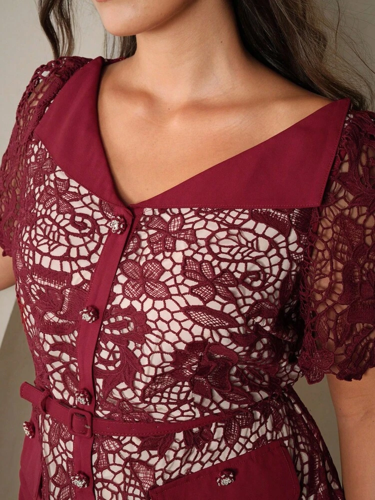 Women Plus Size Waist Cinching V-Neck Short Sleeve Elegant Lace Mid-Length Dress