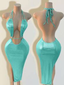 Mistrie Vestido sexy de color liso con cuello halter para mujer