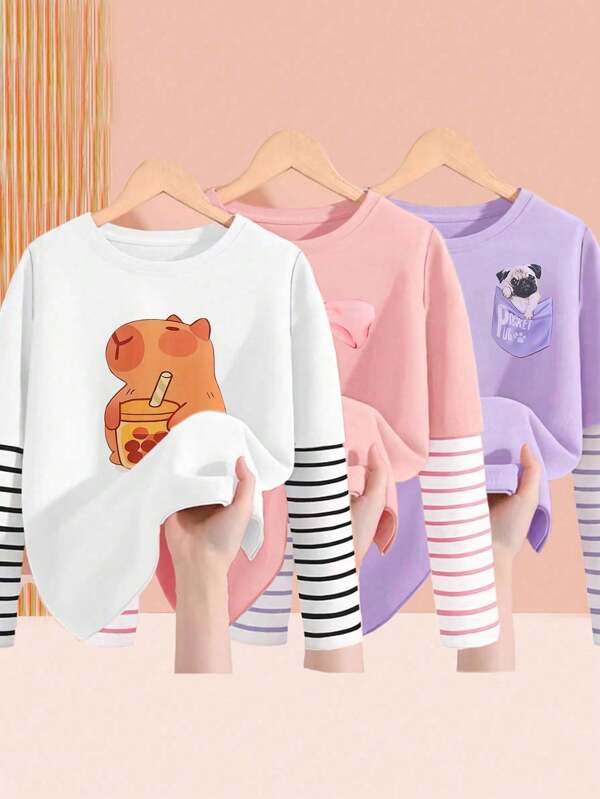 Young Girl Casual Round Neck Cherry & Dog Pattern Striped Patchwork Long Sleeve T-Shirt