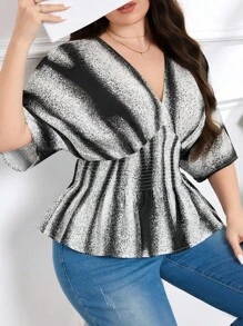 Modelyn Plus Size Women Striped Batwing Sleeve Shirred Waist Ruffle Hem Fashion Blouse - Multicolor - View 3