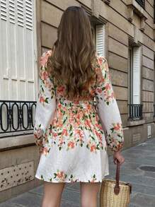 Pariaura Women's Vacation Floral Print V-Neck Lantern Sleeve Fashionable Dress Fall Cloth For Women