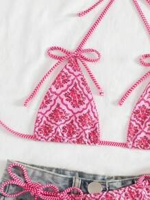 Swim Mod Bộ 2 đồ bơi nữ có nơ, họa tiết kỳ nghỉ hè gợi cảm, bikini màu hồng thanh lịch cho bãi biển - Nhiều màu - Xem 6