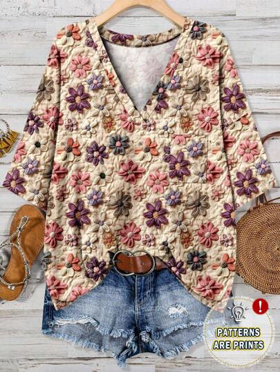 EMERY ROSE Vacation Casual Floral Print Loose Fit Short Sleeve Plus Size V-Neck Pocket T-Shirt, Summer