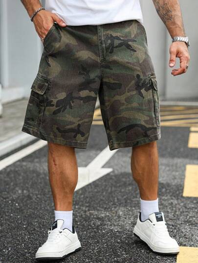 Manfinity Homme Men's Plus Size Camo Denim Bermuda Shorts  Green Street Casual Cargo Shorts With Zipper Details Tropical Hang Out Street College