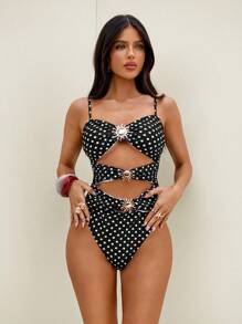 Bonvoyette 夏季海滩度假波点印花金属装饰连体泳衣和长裙两件套 - 黑與白 - 查看 5