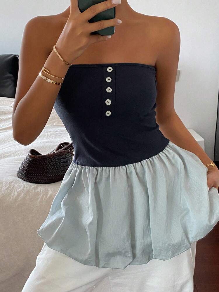 Women's Casual Sleeveless Patchwork Hem Crop Top, Suitable For Vacation, Autumn Going Out Tops Tube Top