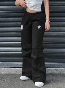 SHEIN 少女黑色星星&英文图案阔腿低腰裤，街头风格，返校，可爱，度假家庭户外春季野餐日常穿着，适合各种场合星星裤58裤数字裤阔腿裤黑色裤子