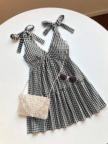 Tween Girls Casual Fashion Woven Gingham V-Neck Sleeveless Bow Patchwork Waist A-Line Dress, Back To School, Graduation Party, Summer Holiday - Black - View 7