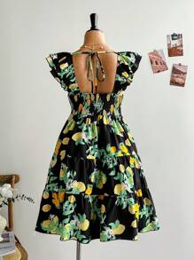 Soleia Rochie mini pentru femei de mărime mare, exclusivă, cu imprimeu de lămâie, mânecă scurtă, talie strânsă, linie A - Multicolor - Vizualizare 2