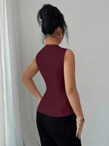 Elenzga 女士新款优雅荷叶边领 A 字型无袖衬衫，适合通勤、度假、约会、郊游、花园、家庭聚会、劳动节、节假日、独立日、返校、教师节、万圣节、感恩节 - 酒紅色 - 查看 2