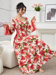 SHEIN Najma Váy thắt eo lưới in họa tiết phong cách Ả Rập cho nữ, mùa xuân/hè - Đỏ - Xem 2