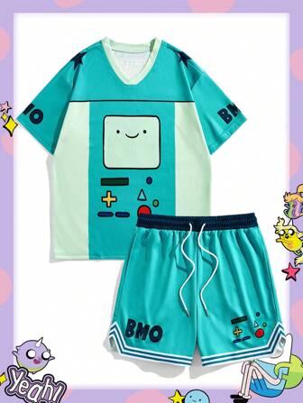 Adventure Time X ROMWE Street Life Conjunto de camiseta de manga corta con cuello redondo y estampado gráfico de dibujos animados de color contrastante y shorts para hombre, para verano
