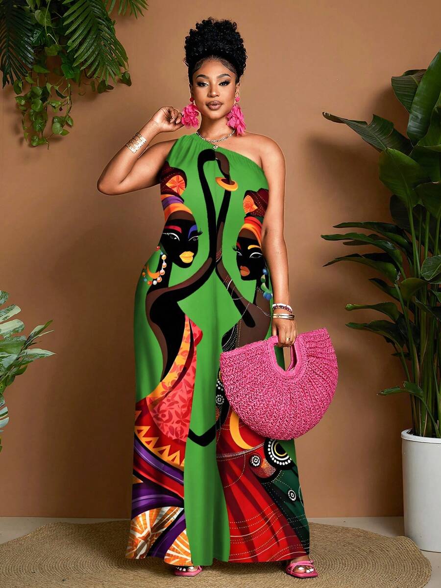 Maweii 大码女式印花图案无袖连体裤，宽松休闲时尚性感风格