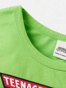 TEENAGE MUTANT NINJA TURTLES | SHEIN 2pcs Young Boy Summer Cartoon Green Sleeveless Vest And Elastic Waist Loose Shorts Set - Green - View 5