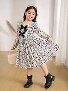 Girls Puff Print Long Sleeve Dress With Shirred Hem, Ribbon Bow Chest Decor, Suitable For Vacation Or Daily Wear In Autumn - Black - View 1
