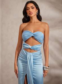 Hauture Women's Summer Sexy Two Tone Shiny Jersey With Satin Front Twisted Maxi Dress - Blue - View 4
