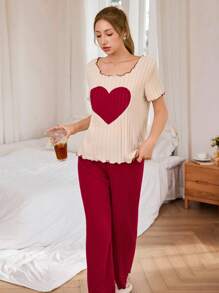 SHEIN 心形刺绣短袖和裤子休闲女士睡衣套装 - 彩色 - 查看 7